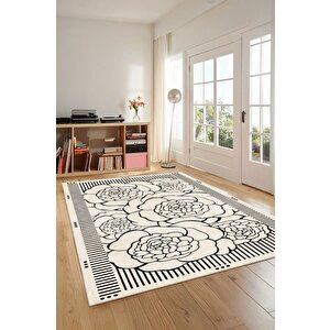 Zeminde Çizgisel Bahar Siyah Beyaz Çiçekli Kaymaz Taban Halı 80x200 cm