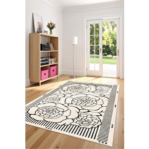 Zeminde Çizgisel Bahar Siyah Beyaz Çiçekli Kaymaz Taban Halı 80x200 cm