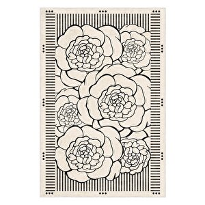 Zeminde Çizgisel Bahar Siyah Beyaz Çiçekli Kaymaz Taban Halı