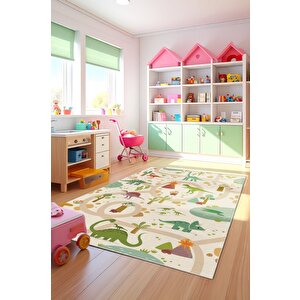 Dinozorlarla Dolu Bir Oyun Dünyası Çocuk Halısı- Kaymaz Taban 100x200 cm