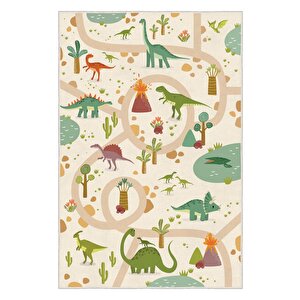 Dinozorlarla Dolu Bir Oyun Dünyası Çocuk Halısı- Kaymaz Taban