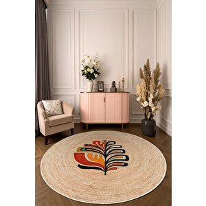 Zeminde Doğanın Ruhu: Renkli Motifli Hasır Görünümlü Kaymaz Taban Halı 180x180 cm