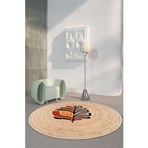 Zeminde Doğanın Ruhu: Renkli Motifli Hasır Görünümlü Kaymaz Taban Halı 150x150 cm