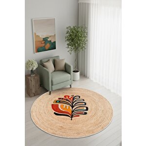 Zeminde Doğanın Ruhu: Renkli Motifli Hasır Görünümlü Kaymaz Taban Halı 120x120 cm