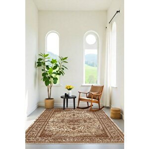 Kültürle Bezenmiş Konfor Bej Ve Kahve Tonlarında Klasik Kaymaz Taban Halı 100x150 cm