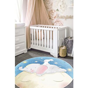 Ay Üstünde Bir Masal Tavşanlı Ve Fil Temalı Yuvarlak Kaymaz Taban Halı