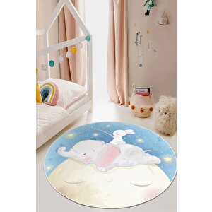 Ay Üstünde Bir Masal Tavşanlı Ve Fil Temalı Yuvarlak Kaymaz Taban Halı