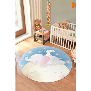Ay Üstünde Bir Masal Tavşanlı Ve Fil Temalı Yuvarlak Kaymaz Taban Halı