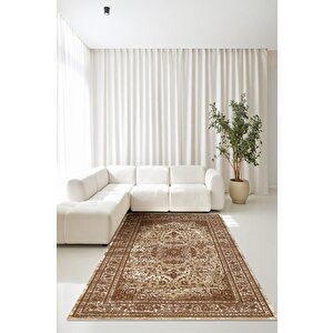 Kültürle Bezenmiş Konfor Bej Ve Kahve Tonlarında Klasik Kaymaz Taban Halı 60x100 cm