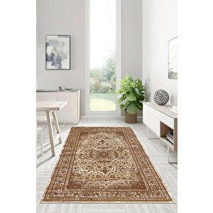 Kültürle Bezenmiş Konfor Bej Ve Kahve Tonlarında Klasik Kaymaz Taban Halı 60x100 cm