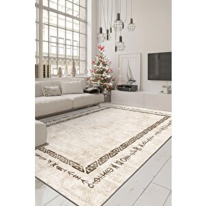 Zeminde Geleneksel İzler  Geometrik Motifli Bej Renkli Kaymaz Taban Halı 80x300 cm