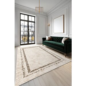 Zeminde Geleneksel İzler  Geometrik Motifli Bej Renkli Kaymaz Taban Halı 80x300 cm