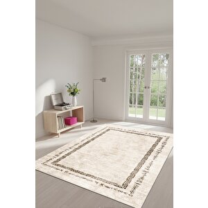Zeminde Geleneksel İzler  Geometrik Motifli Bej Renkli Kaymaz Taban Halı 160x230 cm