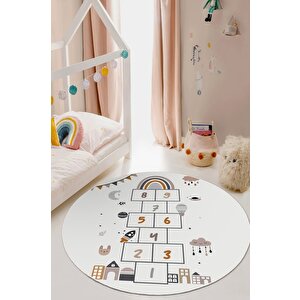 Ayda Oyun Var: Seksek Desenli Eğlenceli Yuvarlak Çocuk Halısı - Kaymaz Taban