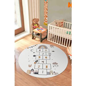 Ayda Oyun Var: Seksek Desenli Eğlenceli Yuvarlak Çocuk Halısı - Kaymaz Taban