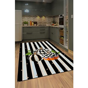 Modern Mutfaklara Masalsı Dokunuş: Balkabağı Desenli Tasarım Siyah Beyaz Halı 80x200 cm