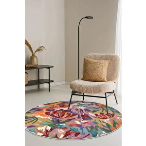 Zeminde Bir Tablo Fırça Dokunuşlu Modern Halı Tasarımı Yuvarlak Kaymaz Taban 100x100 cm