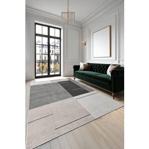 Çizgilerle Düşün, Karelerle Hisset Katmanlı Gri Desenli Kaymaz Taban Halı 80x300 cm