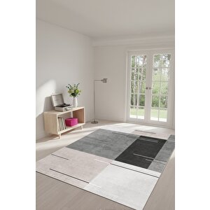 Çizgilerle Düşün, Karelerle Hisset Katmanlı Gri Desenli Kaymaz Taban Halı 160x250 cm