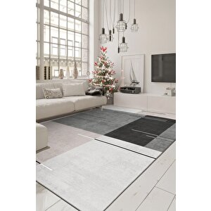 Çizgilerle Düşün, Karelerle Hisset Katmanlı Gri Desenli Kaymaz Taban Halı 160x250 cm