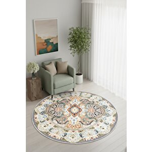 Zeminde Bir Dönüş Yuvarlak Medalyonlu Halı Tasarımı - Kaymaz Taban 100x100 cm