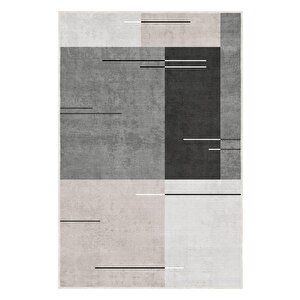 Çizgilerle Düşün, Karelerle Hisset Katmanlı Gri Desenli Kaymaz Taban Halı