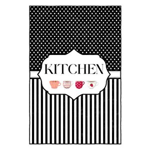 Stil Sahibi Mutfaklara Özel Çizgili Ve İllüstrasyonlu Siyah Beyaz Kaymaz Taban Halı