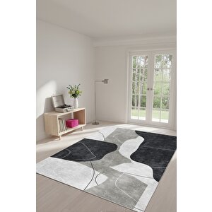 Minimalist Mekânlara Derinlik Katın Siyahın Sessizliği, Beyazın Işıltısı: Soyut Desenli Kaymaz Taban Halı 100x150 cm
