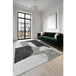 Minimalist Mekânlara Derinlik Katın Siyahın Sessizliği, Beyazın Işıltısı: Soyut Desenli Kaymaz Taban Halı 100x150 cm