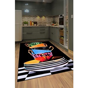 Mutfakta Sanat Var: Renkli Tabaklarla Tasarlanmış Kaymaz Taban Hal 80x200 cm