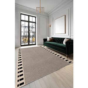 Bej Zemin Üzerinde Grafik Kenar Hem Dekoratif Hem Pratik Kaymaz Taban Halı 60x100 cm