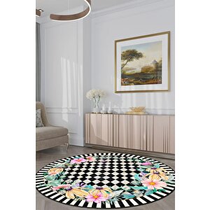 Zeminde Bir Bahçe Doğayla Geometrinin Buluştuğu Nokta Dekoratif Kaymaz Taban Yuvarlak Halı 90x90 cm