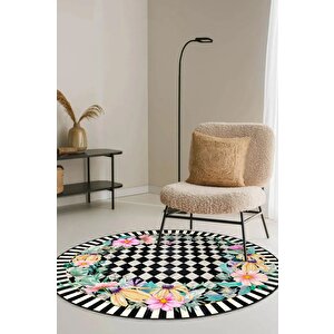 Zeminde Bir Bahçe Doğayla Geometrinin Buluştuğu Nokta Dekoratif Kaymaz Taban Yuvarlak Halı 90x90 cm