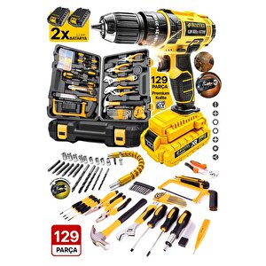 Full Takım 129 Parça Pense Fortpense Yıldız Düz Çekiç Tornavida Takım 2x Akülü Matkap Takım