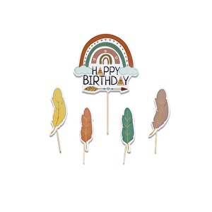 Retro Temalı Kürdan Happy Birthday Pasta Süsü 5'li