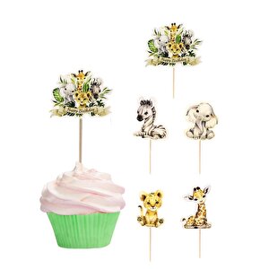 Safari Temalı Kürdan Sevimli Hayvan Figürlü Pasta Süsü Cupcake Kürdanı 10'lu