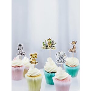 Safari Temalı Kürdan Sevimli Hayvan Figürlü Pasta Süsü Cupcake Kürdanı 10'lu