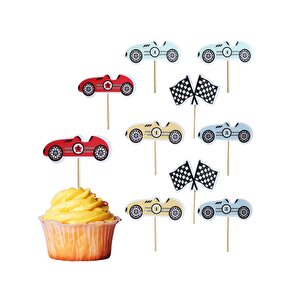 Yarış Arabaları Temalı Kürdan Figürlü Pasta Süsü Cupcake Kürdanı 10'lu