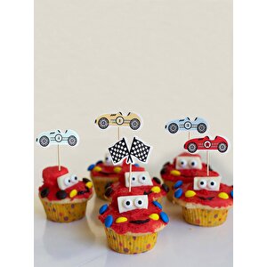 Yarış Arabaları Temalı Kürdan Figürlü Pasta Süsü Cupcake Kürdanı 10'lu
