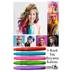 Saç Boyama Kalemi 5 Renk 1 Paket Bubu Saç Boyama Tebeşiri 5 Li Yıkanabilir Mini Tarak Hediyeli Hair Chalk Pen
