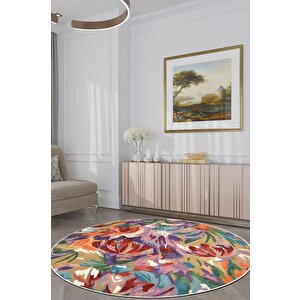 Zeminde Bir Tablo Fırça Dokunuşlu Modern Halı Tasarımı Yuvarlak Kaymaz Taban 50x50 cm