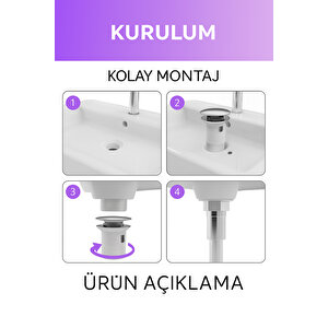 Pop-up Lavabo Sifonu Taşmalı – Paslanmaz Metal Başlık, Plastik Gövde, Kolay Montaj