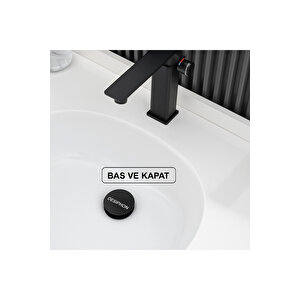 Siyah Pop-up Lavabo Sifonu – Porselen Başlıklı, Taşmalı Lavabolarla Uyumlu, Kolay Kurulumlu