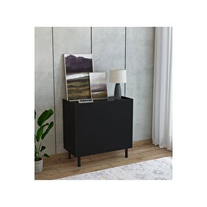 Modern Mdf Çok Amaçlı 80 Cm 2 Kapaklı Siyah Konsol- Demir Ayaklı Estetik Tasarım