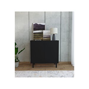 Modern Mdf Çok Amaçlı 80 Cm 2 Kapaklı Siyah Konsol- Demir Ayaklı Estetik Tasarım