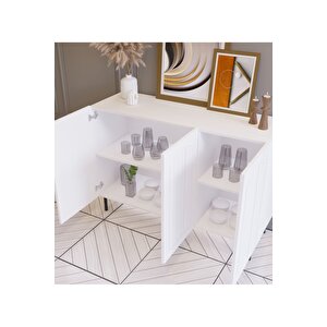 Çok Amaçlı Iskandinav Model 3 Kapaklı Ve Raflı Beyaz Mdf 120 Cmlik Retro Konsol