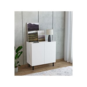 Modern Mdf Çok Amaçlı 80 Cm 2 Kapaklı Beyaz Konsol- Demir Ayaklı Estetik Tasarım