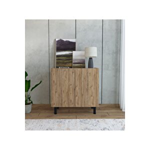 Modern Mdf Çok Amaçlı 80 Cm 2 Kapaklı Ahşap Görünümlü Konsol - Demir Ayaklı Estetik Tasarım