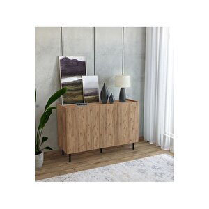 Modern Demir Ayaklı Ahşap Görünümlü Mdf Çok Amaçlı Minimalist 3 Kapaklı Konsol - 120 X 42 X 85