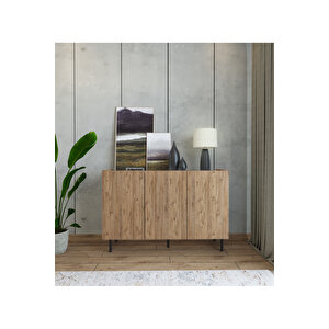 Modern Demir Ayaklı Ahşap Görünümlü Mdf Çok Amaçlı Minimalist 3 Kapaklı Konsol - 120 X 42 X 85